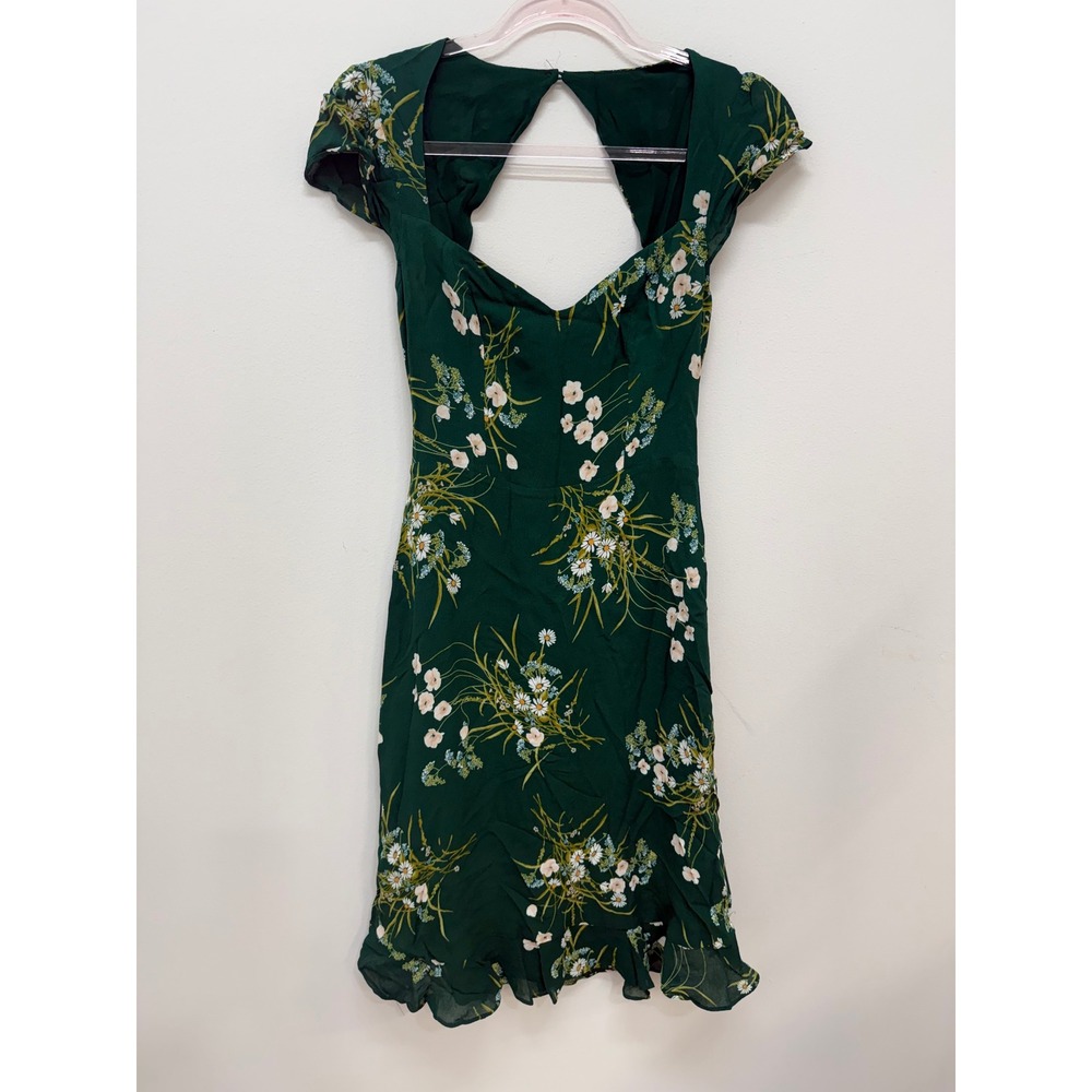 Reformation Midi Dress 6 Green Floral Smocked Back Cutout Ruffle Hem Sweetheart - Picture 2 of 11